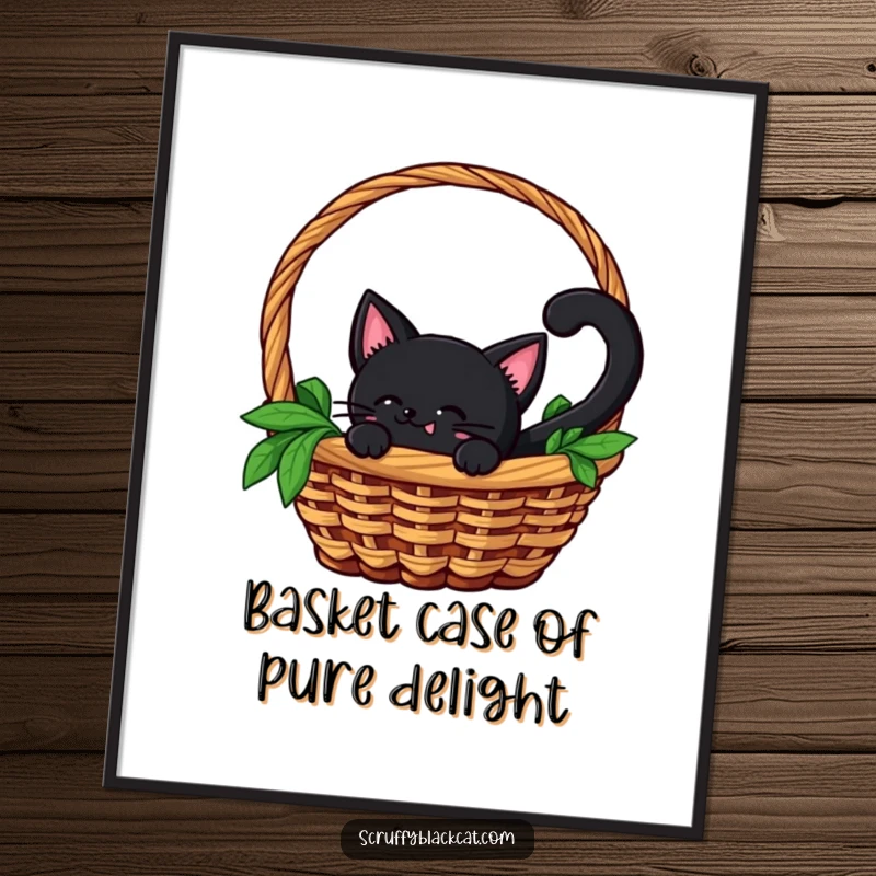 Funny Free Printable Wall Art: A black cat with an excited wagging tail peeks out from a cozy basket, inviting interaction.