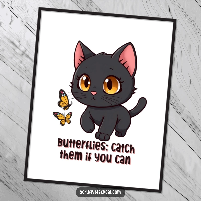 Funny Free Printable Wall Art: A curious black cat with big eyes, comically reaching for a butterfly. Quirky downloadable decor.