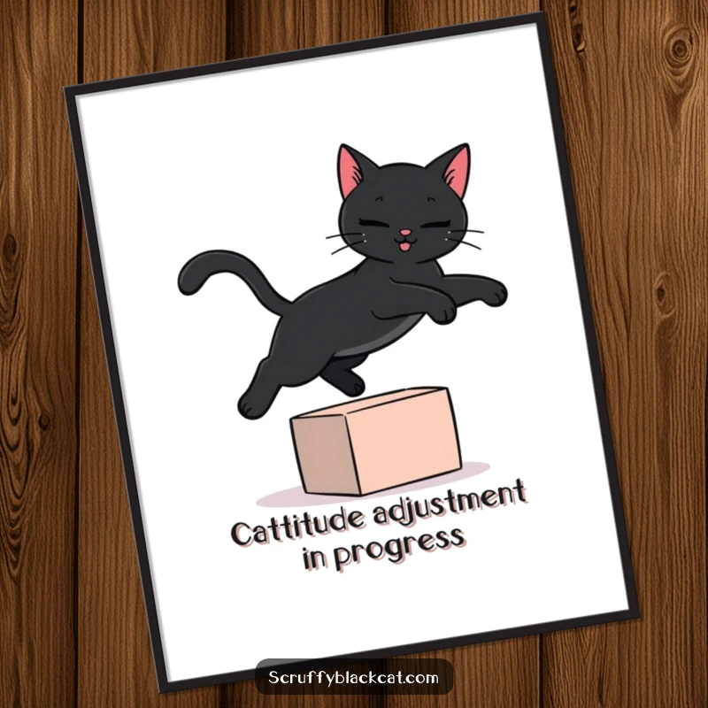 Funny Free Printable Wall Art: A black cat performing a graceful leap over a toy block, whimsical downloadable art.