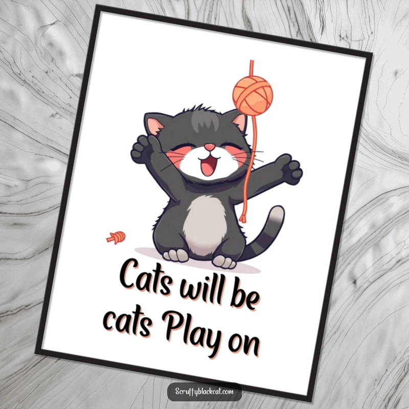 Funny free printable wall art: a scruffy black cat with eyes full of delight playfully bats at a dangling ball of yarn.