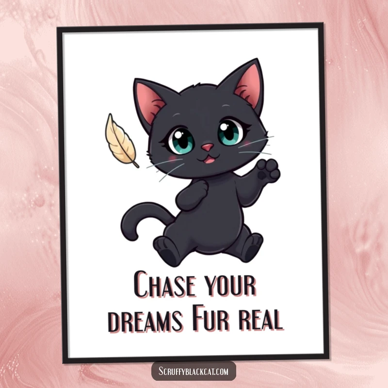 Funny Free Printable Wall Art: A black cat with enormous eyes leaps mid-air for a small floating feather.
