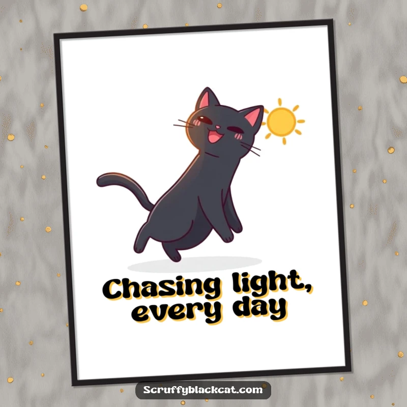 Funny Free Printable Wall Art: Black cat joyfully chasing a bright, dancing sunbeam, creating a cheerful and whimsical scene.