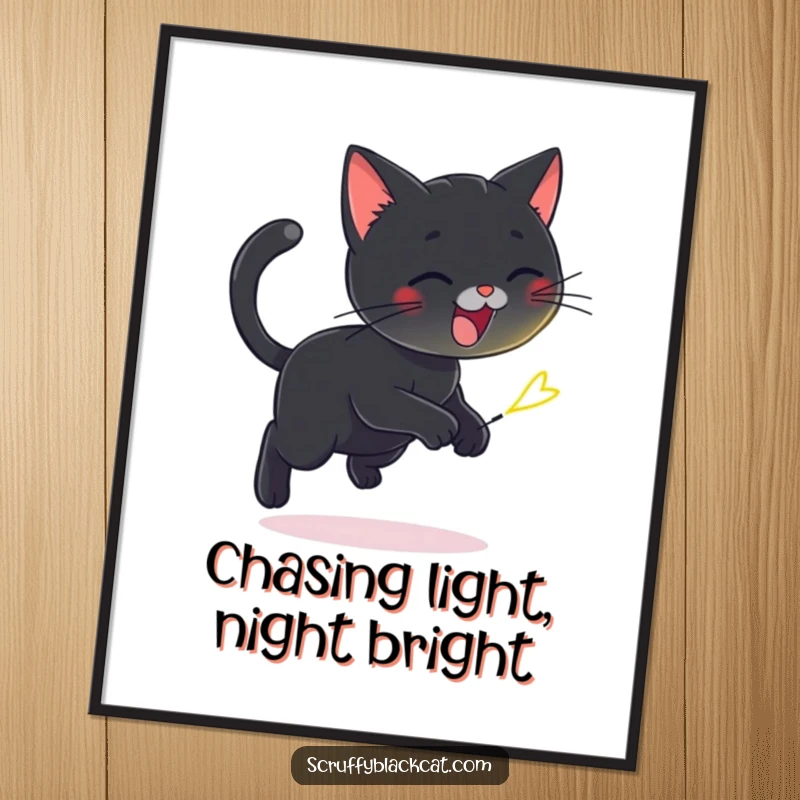 Funny Free Printable Wall Art: A playful black cat joyfully chasing a tiny, flickering firefly, creating a humorous and enchanting scene.