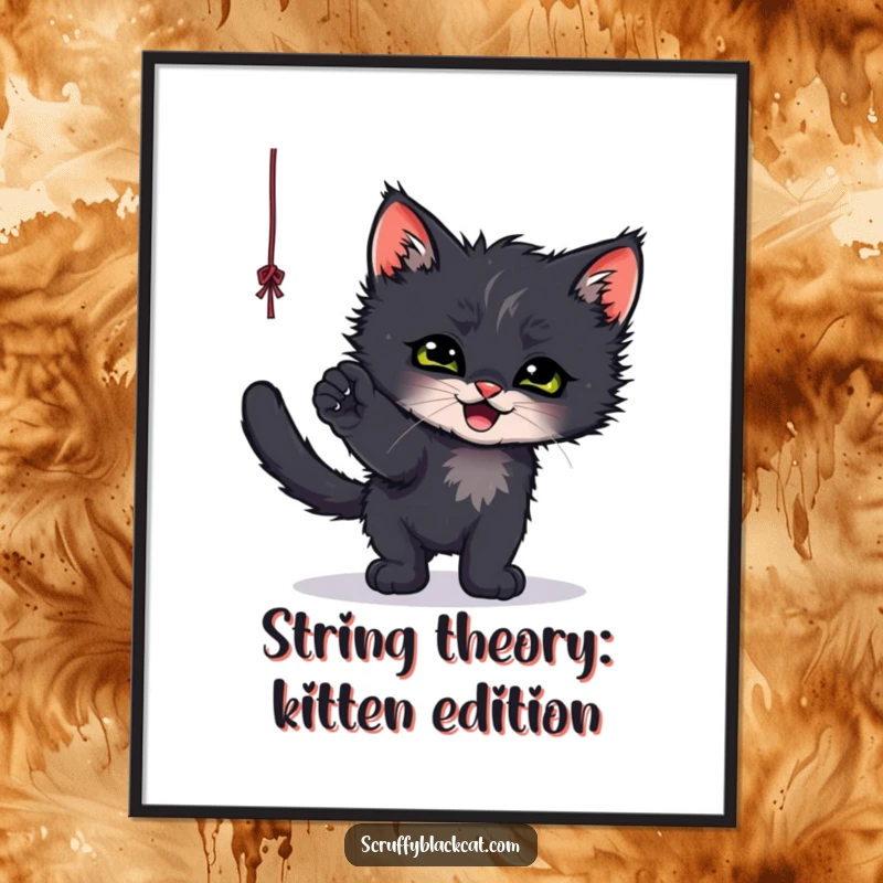 Cute Free Printable Wall Art: A scruffy black kitten playfully batting at a string, a charming DIY gift.
