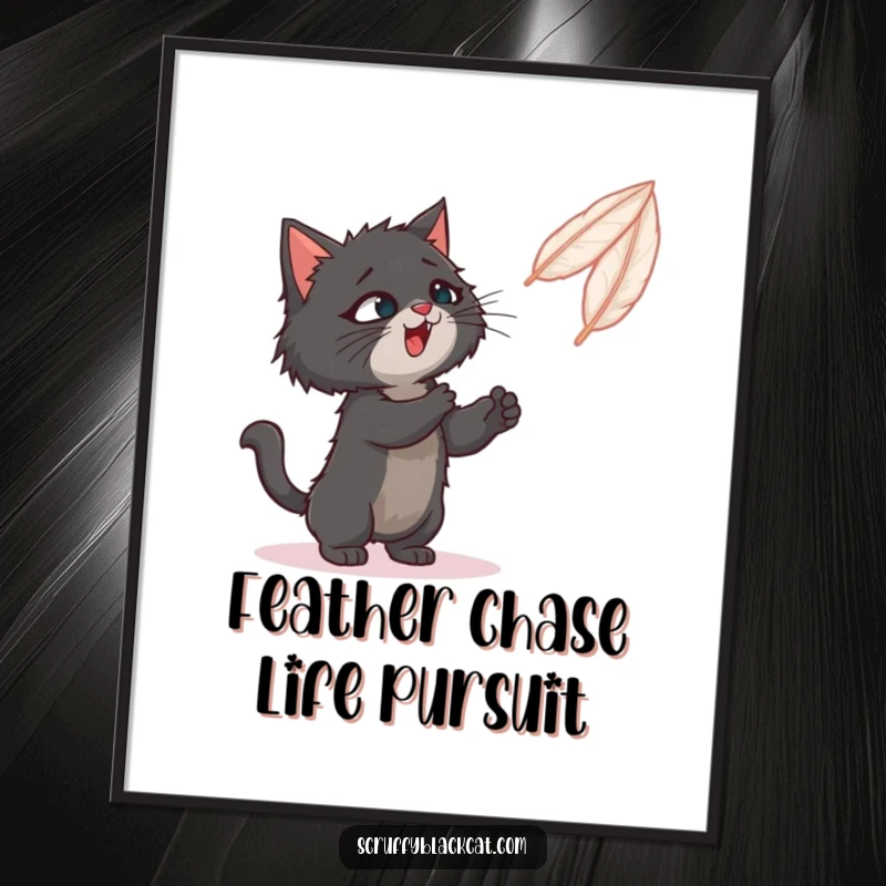 Funny Free Printable Wall Art: A scruffy black cat playfully batting at a floating, bouncing feather with great determination.