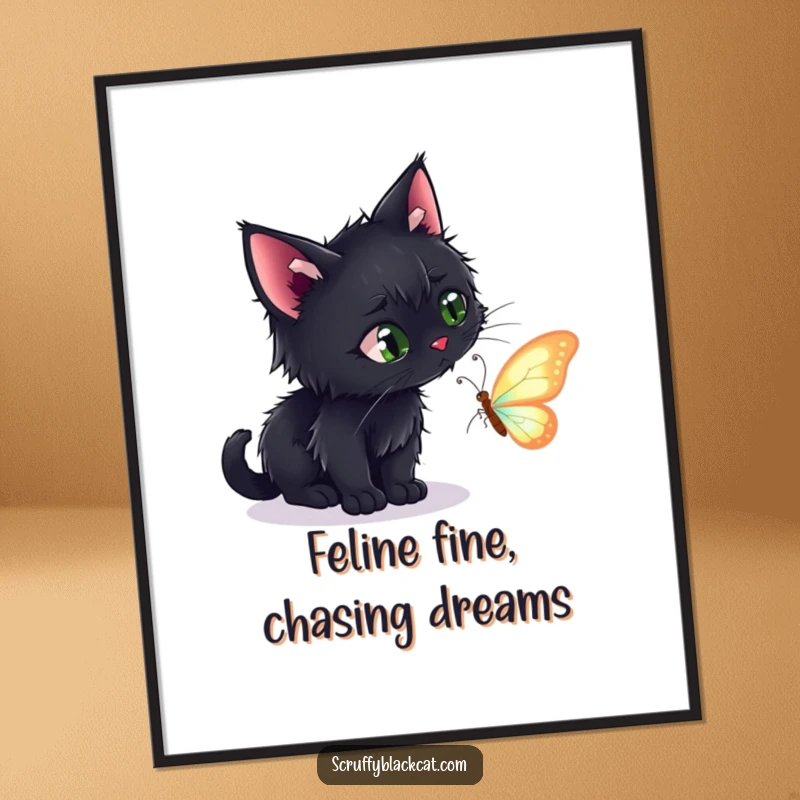Funny Free Printable Wall Art: Scruffy black cat hilariously stalking a shimmering butterfly, adding playful energy to any room.