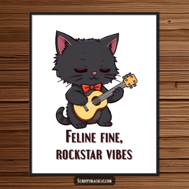 Funny Free Printable Wall Art: A scruffy black cat wearing a bow tie plays a tiny guitar, looking like a rockstar.