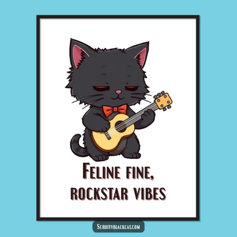 Free Printable Wall Art: Scruffy Cat Bow Tie Guitarist for a Humorous Downloadable Home Decor Gift