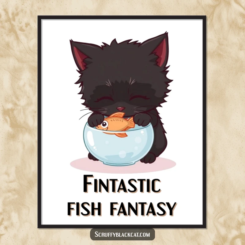 Free Printable wall art: A scruffy black kitten gently attempts to swipe a small fish from a tiny, innocent-looking fishbowl.