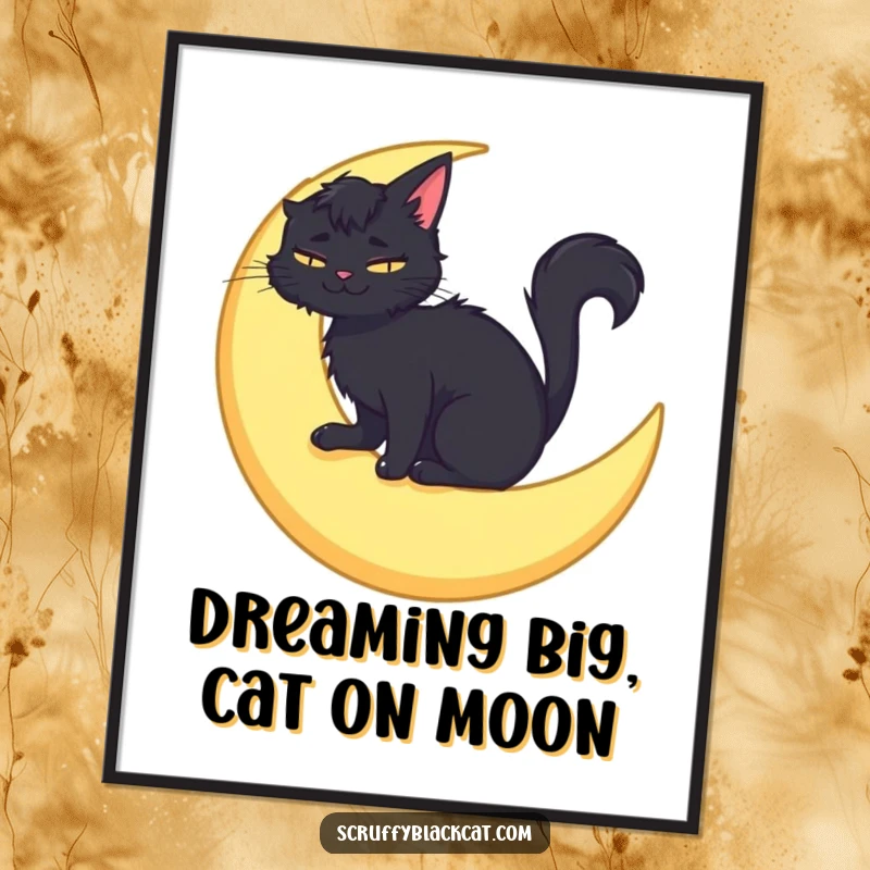 Funny Free Printable Wall Art: A scruffy black cat sits peacefully on a crescent moon, smiling contentedly at the viewer.