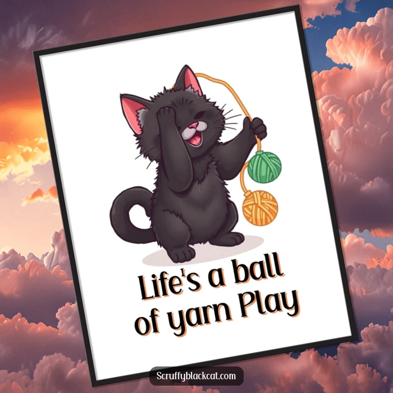 Funny Free Printable Wall Art: A mischievous black cat playfully batting at a dangling ball of yarn, full of energy.
