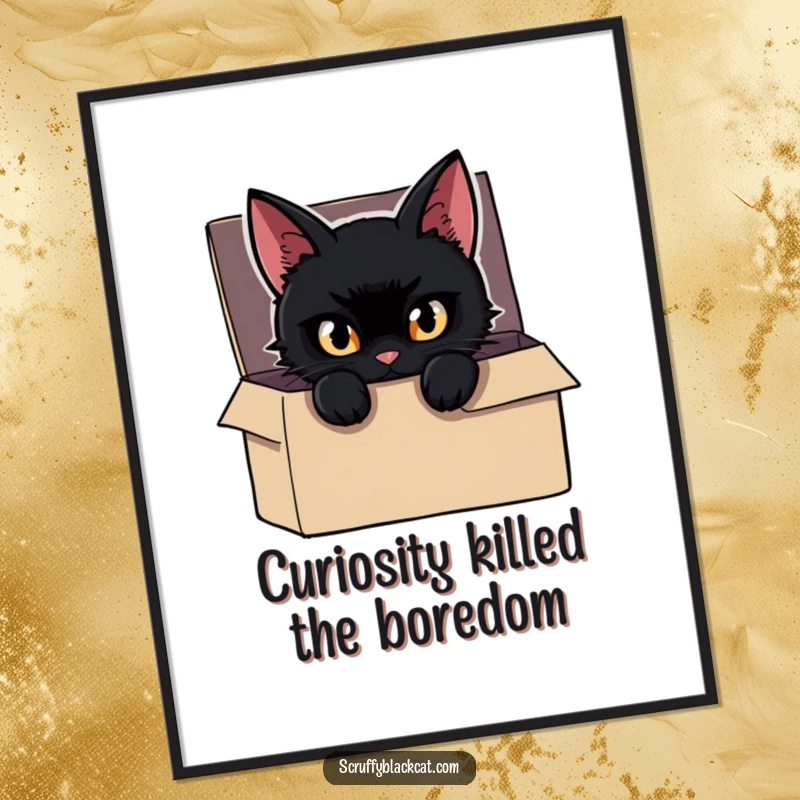 Funny Free Printable Wall Art showing a mischievous black cat peeking from a dark box, its eyes gleaming.