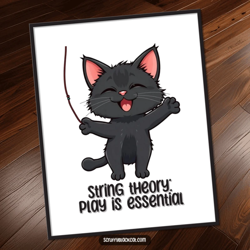 Funny Free Printable Wall Art of a scruffy black cat utterly captivated by a dangling string.