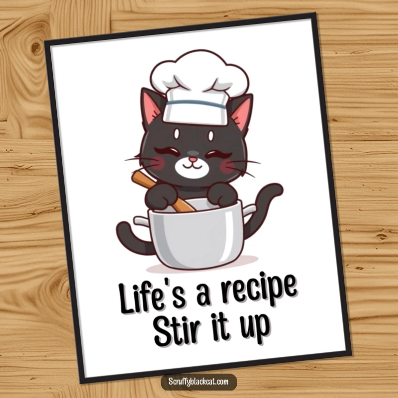 Funny Free Printable Wall Art: A mischievous black cat wearing a tiny chef hat stirs a bubbling pot with concentration.