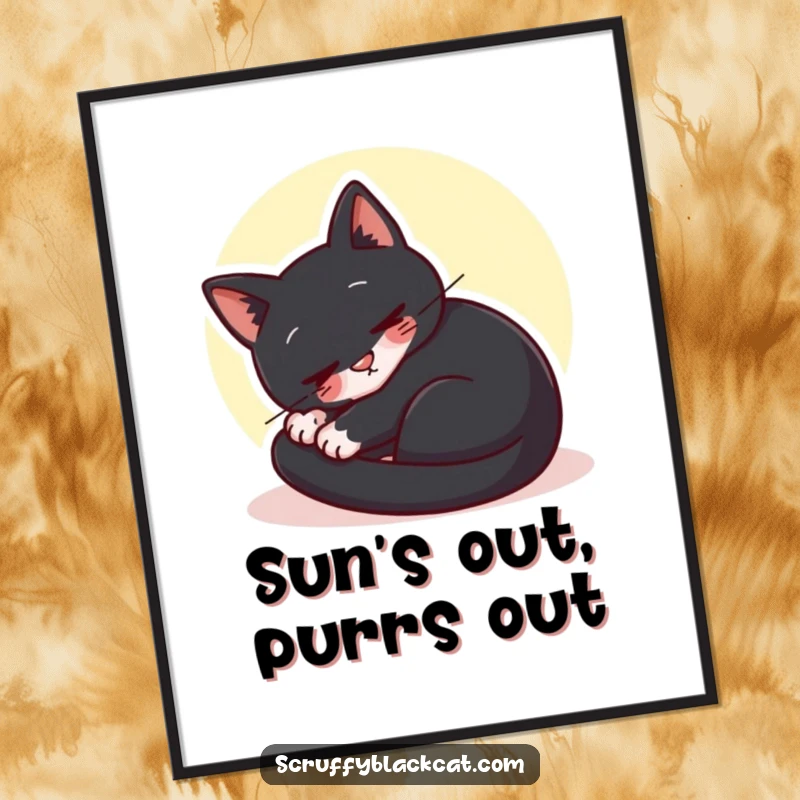 Cozy Free Printable Wall Art: Black cat curled up tightly, purring deeply in a bright, warm sunbeam, looking utterly content.