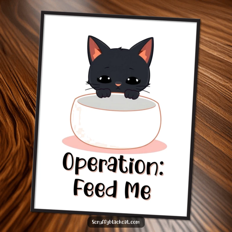 Funny Free Printable Wall Art: Black cat with wide eyes, staring intently at an empty food bowl, meowing intensely.