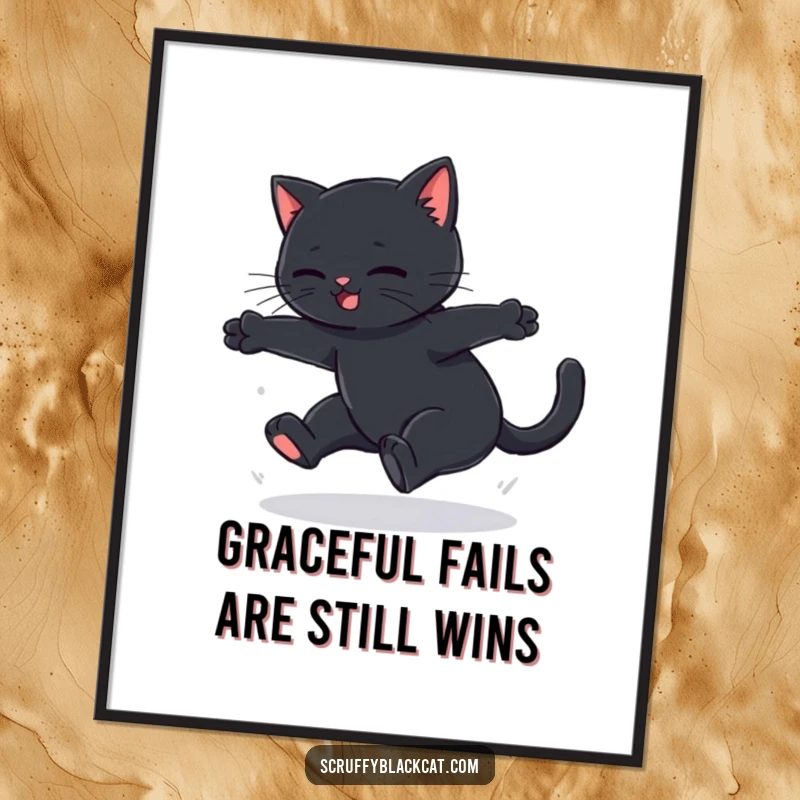 Funny Free Printable Wall Art: Black cat mid-fall, performing a clumsy leap with a comical expression, landing softly.