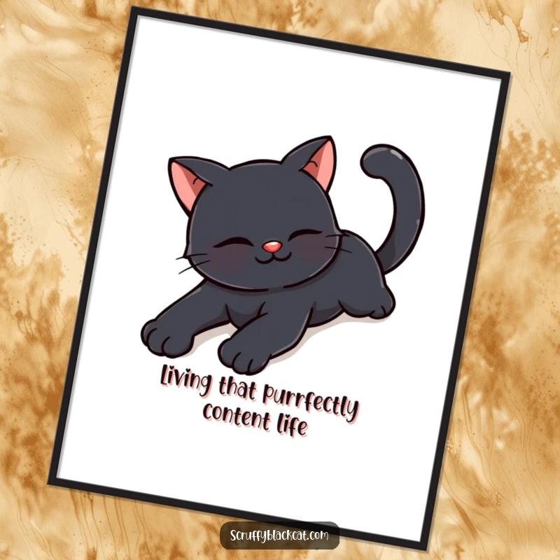 Free Printable Wall Art: A content black cat stretches languidly with a tiny, peaceful smile, bringing calm.