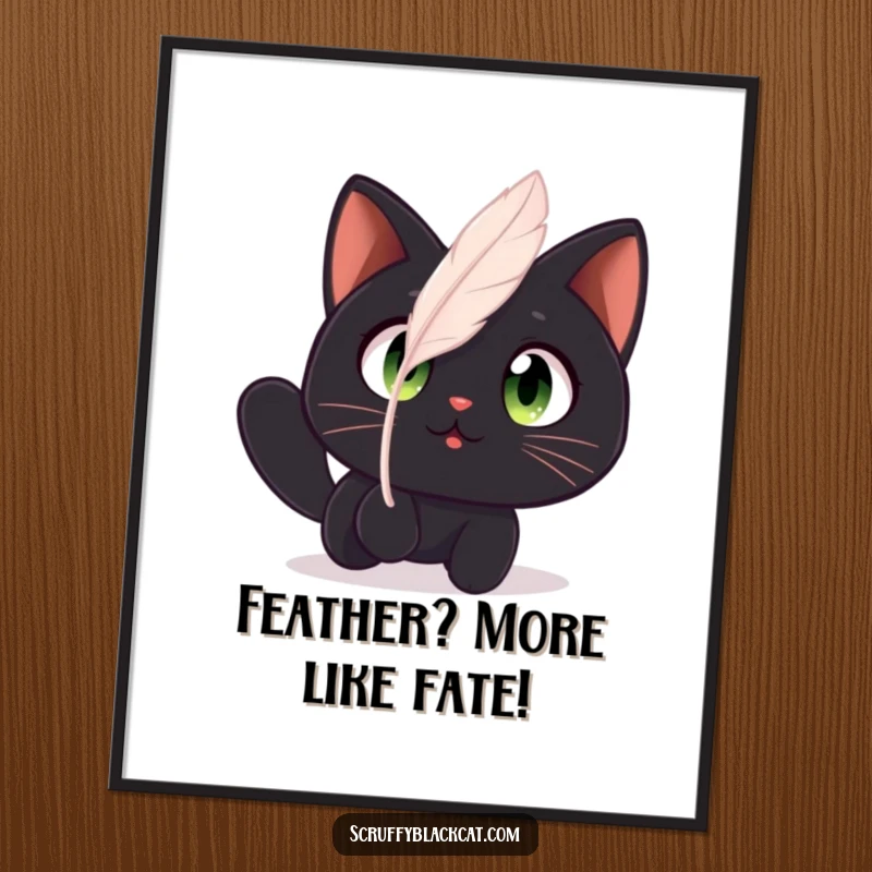 Funny Free Printable Wall Art: Black Cat with Wide Amazed Eyes Watching a Floating Feather