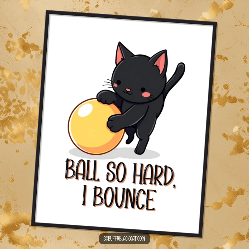 Funny Free Printable Wall Art: Black Cat Doing a Playful Pounce on a Bright Bouncy Ball