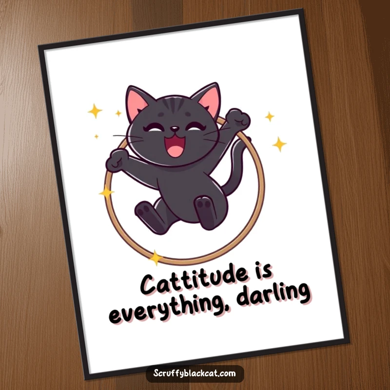 Funny Free Printable Wall Art: A black cat executing a spectacular leap through a sparkly hoop with a victorious meow.