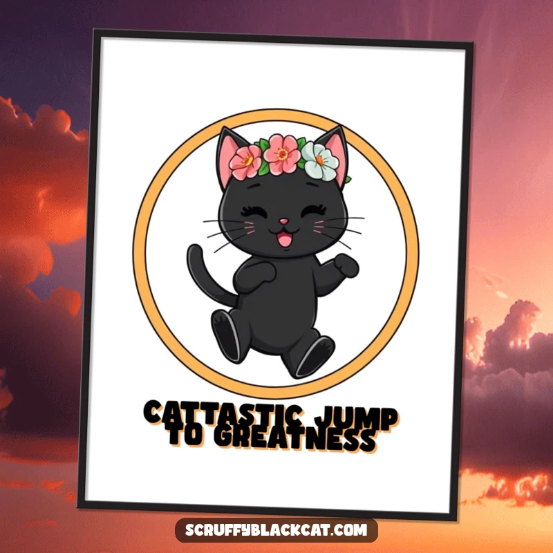 Funny Free Printable Wall Art: Black cat in flower crown joyfully jumps through a hoop, whimsical decor.