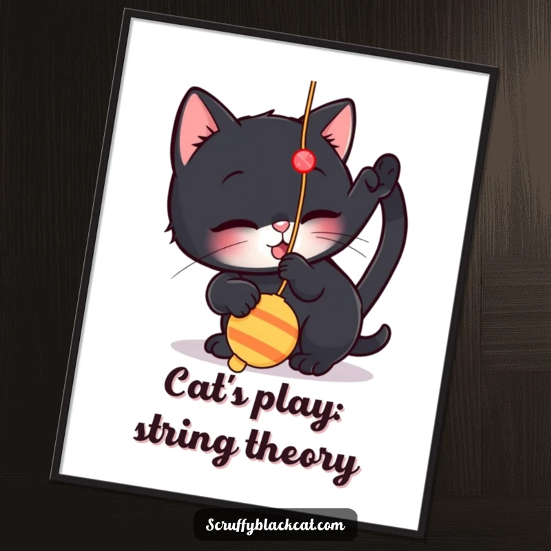 Funny free printable wall art of a small black cat playfully batting at a dangling string toy, full of mischief.