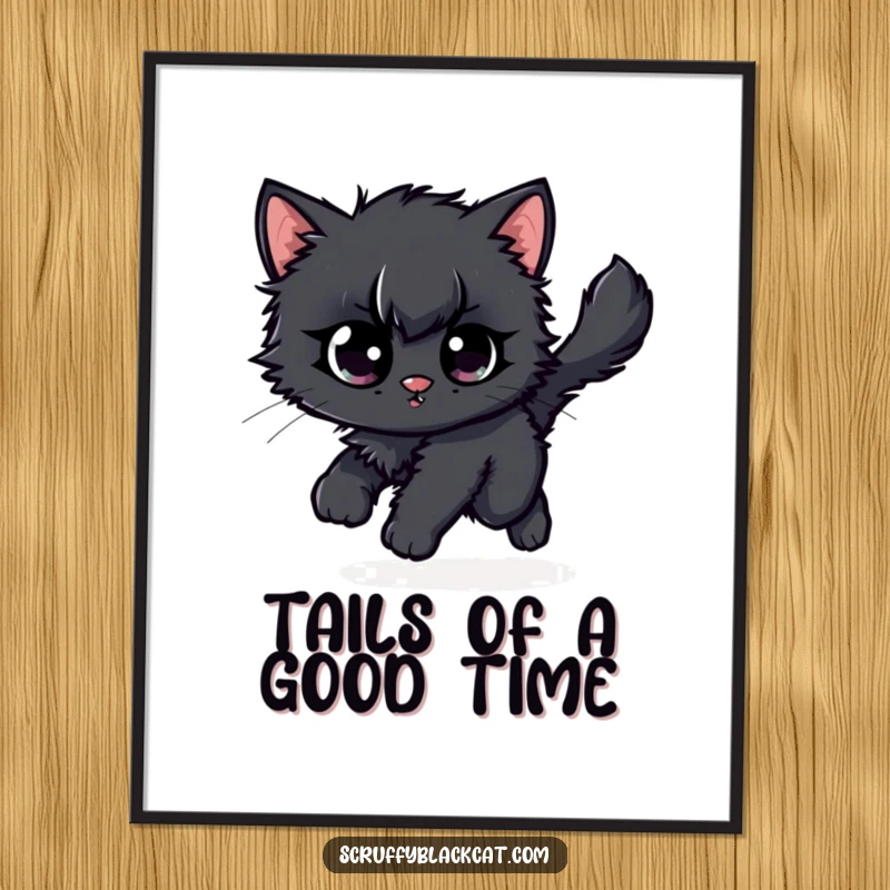 Free Printable wall art: A comical scruffy black kitten with wide, amazed eyes is caught mid-spin, chasing its own fluffy tail.
