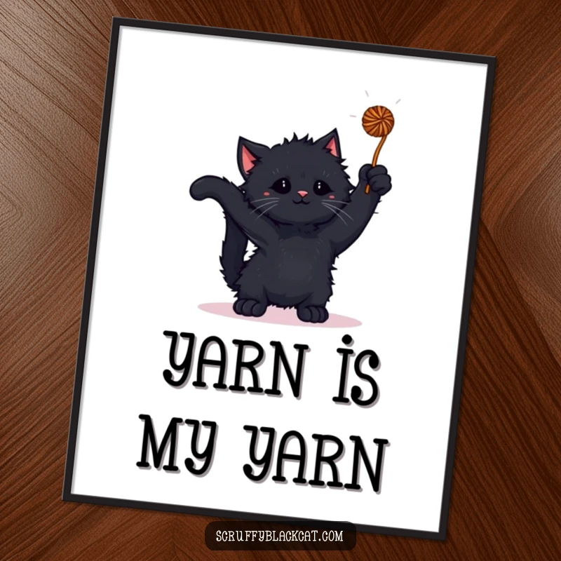 Funny Free Printable Wall Art: Scruffy Black Kitten Playfully Batting at a Dangling Yarn Ball
