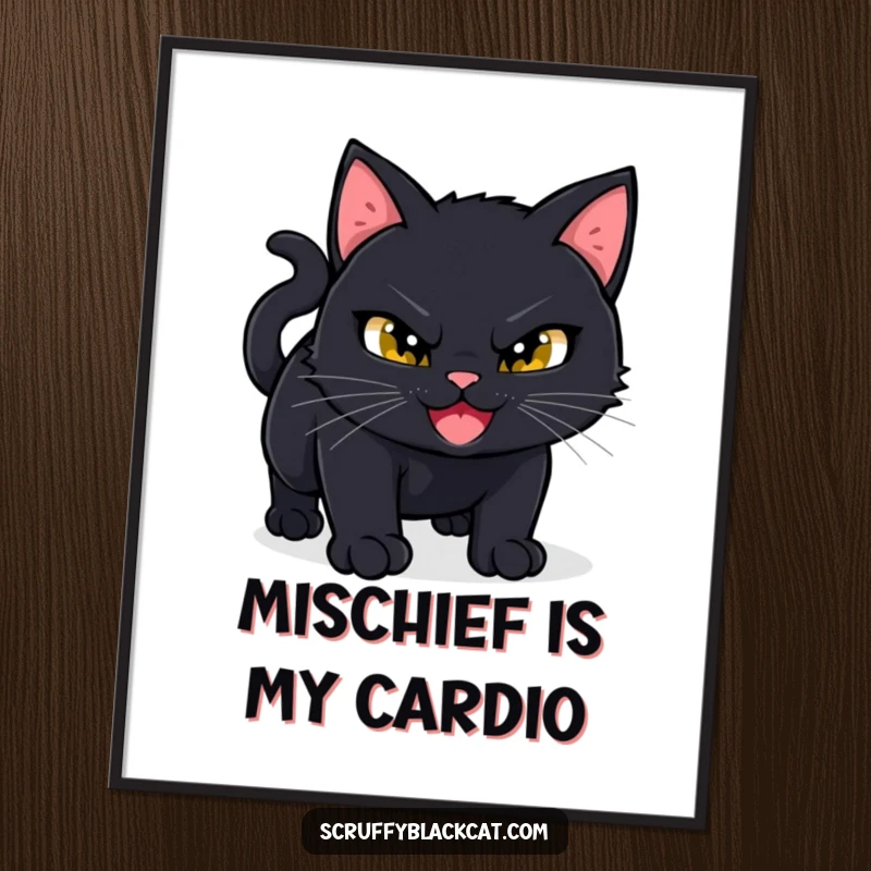 Funny Free Printable Wall Art: Black cat with a mischievous grin, ready to pounce, embodying playful intent.