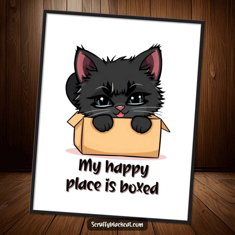Free Printable wall art: A scruffy black kitten with a wide, mischievous grin peeks out from a simple cardboard box, ready for play.