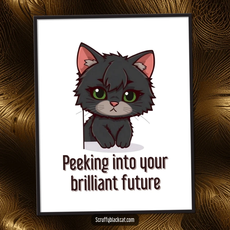 Funny Free Printable Wall Art: A scruffy black cat with a slightly tilted ear peeking around a corner with a playful expression.
