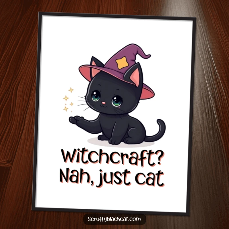 Funny Free Printable Wall Art: Black Cat Wearing a Tiny Wizard Hat, Conjuring a Sparkly Puff