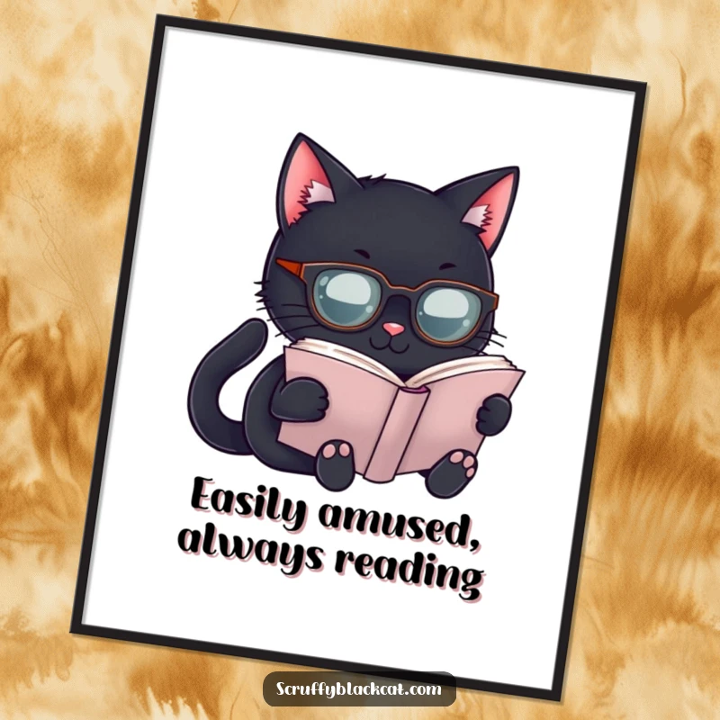 Free Printable Wall Art: Black cat with tiny spectacles absorbed in a book, a charming piece for book lovers.