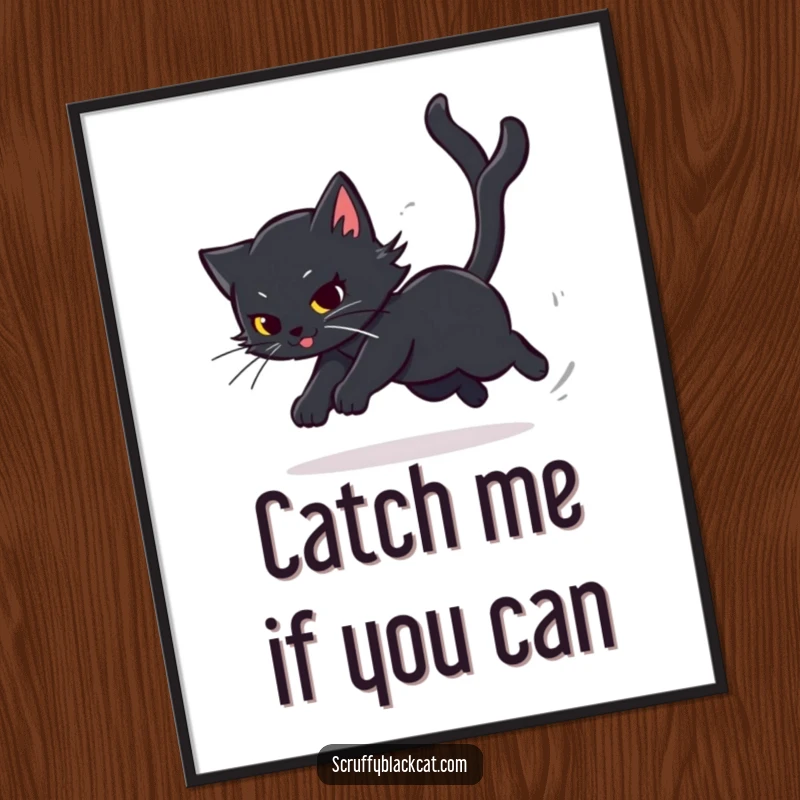 Funny Free Printable Wall Art: A black cat in a frenzy, chasing its tail at dizzying speeds, creating a blur of fun.