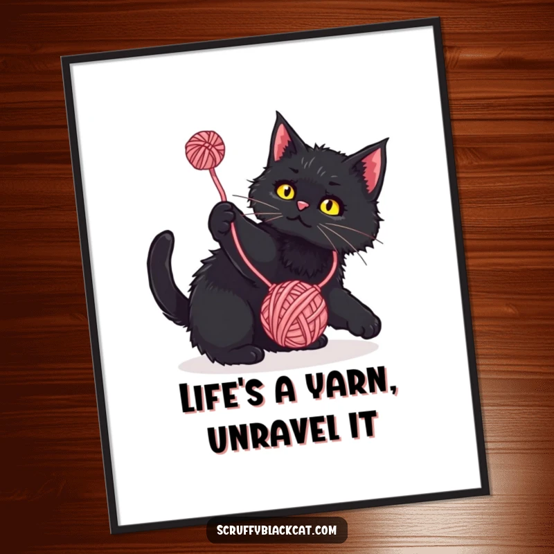 Funny Free Printable Wall Art: Scruffy black cat captured in a moment of pure playful abandon, batting at a yarn ball.