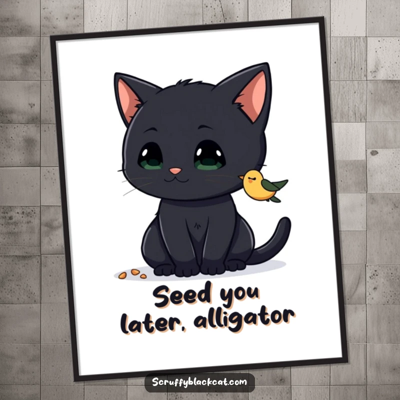 Funny Free Printable Wall Art: A black cat with perked ears, intensely eyeing a pile of birdseed, capturing a moment of deep curiosity.