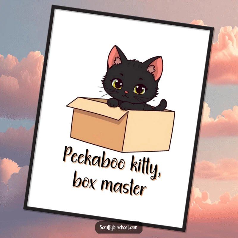 Funny Free Printable Wall Art: A mischievous black kitten peeks from a shadowy box, a fun DIY art.
