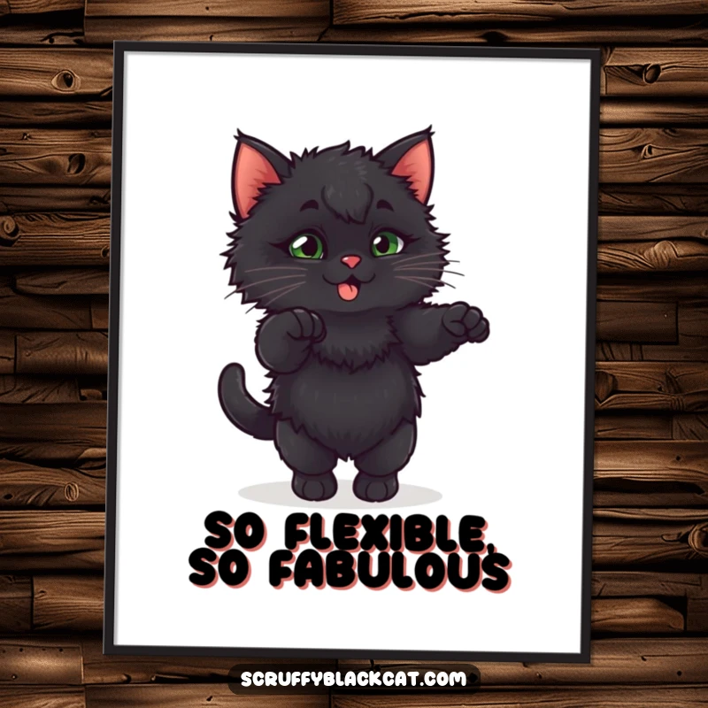 Funny Free Printable Wall Art: A fluffy black kitten in a hilariously exaggerated, playful stretching pose. Quirky downloadable decor.