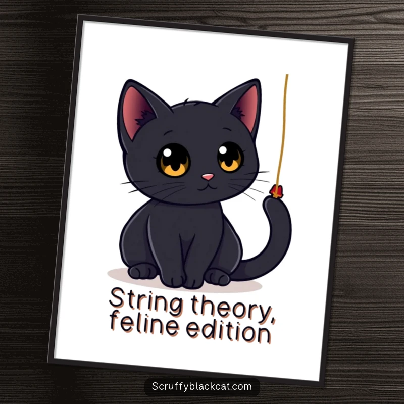 Funny Free Printable Wall Art: A sleek black cat with large, round eyes playfully bats at a dangling string, humorous art.