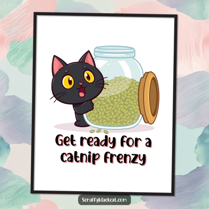 Funny Free Printable Wall Art: A black cat's wide-eyed, shocked expression as it discovers a massive jar filled with tempting catnip.
