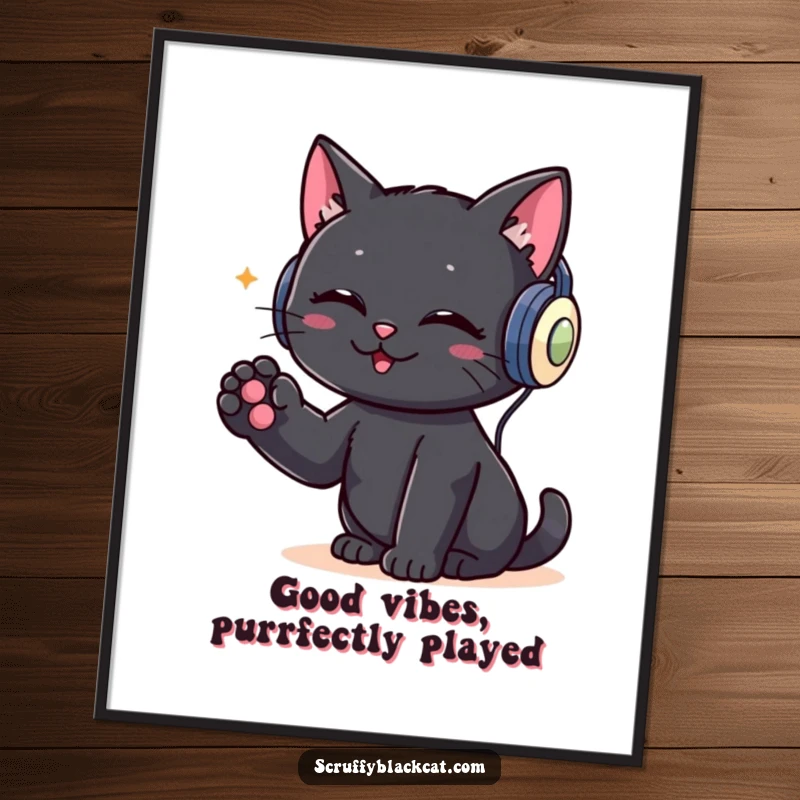 Funny Free Printable Wall Art: A playful black cat wearing oversized headphones taps its paw, looking like a cool DJ.