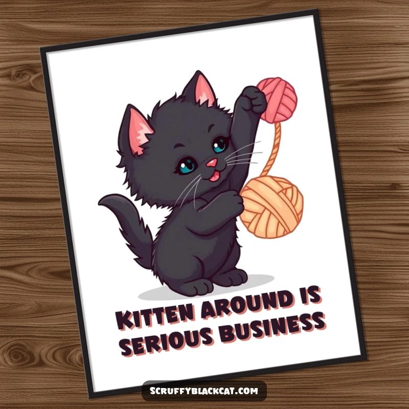 Funny Free Printable Wall Art: A scruffy black kitten with bright eyes, playfully swatting at a dangling ball of colorful yarn.