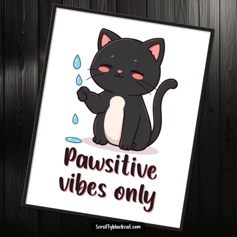 Funny Free Printable Wall Art: A black cat sitting upright, intently batting at a single falling raindrop, exuding curiosity and charm.