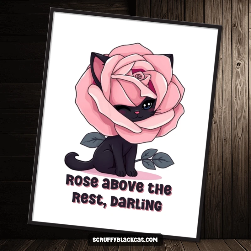 Funny Free Printable Wall Art: A shy black cat peeks out from behind a large, blooming gothic rose with dark petals.