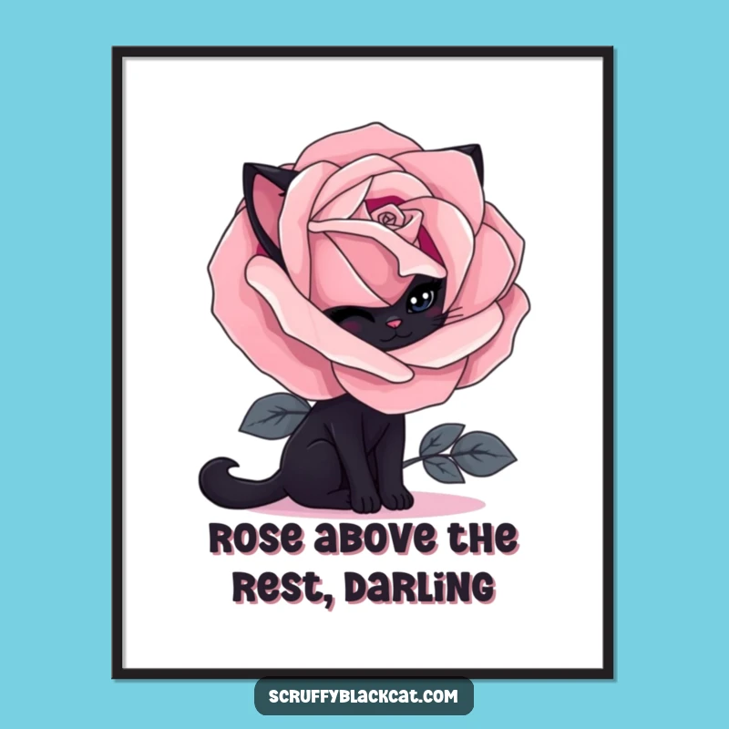 Free Printable Shy Cat Gothic Rose Wall Art - Humorous Downloadable Decor for Cat Lovers