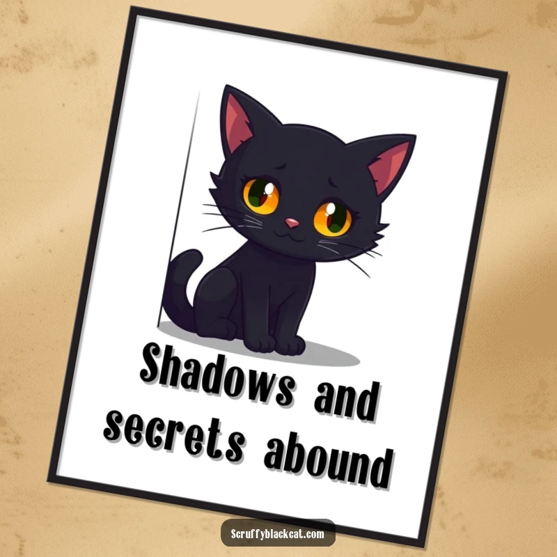 Funny Free Printable Wall Art: Black cat with mesmerizing glowing eyes peeking from a shadowy corner, adding mystery to walls.