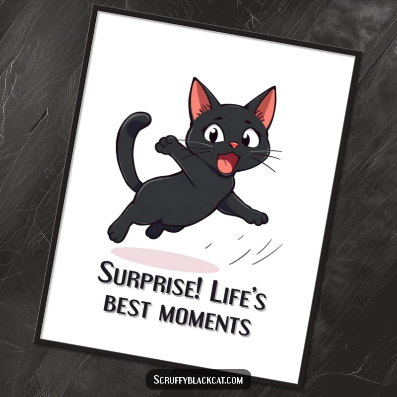 Funny Free Printable Wall Art of a black cat comically leaping through the air from an unexpected sound.