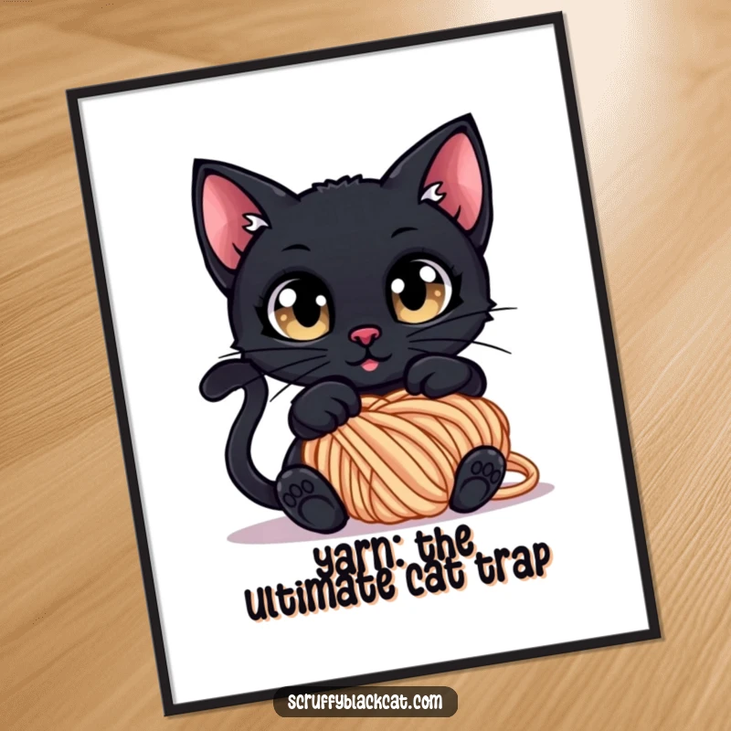 Funny Free Printable Wall Art: Black cat with wide, curious eyes, completely tangled in a large, colorful ball of yarn.