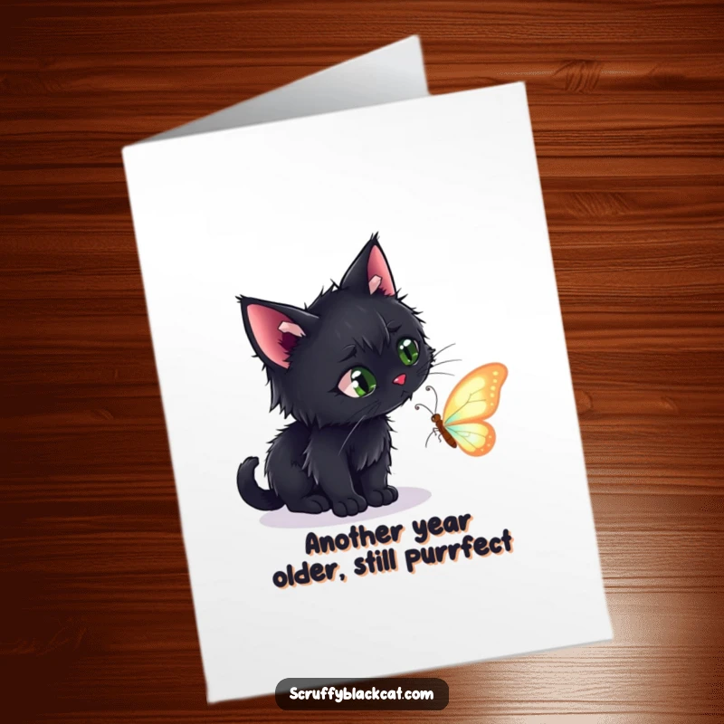 Funny Free Printable Birthday Card: Scruffy black cat hilariously stalking a delicate butterfly, ready to pounce.